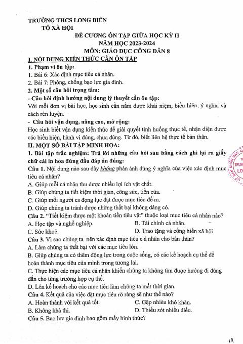 Đề cương ôn tập Giữa kì 2 GDCD 8 năm 2023–2024 trường THCS Long Biên (Hà Nội)